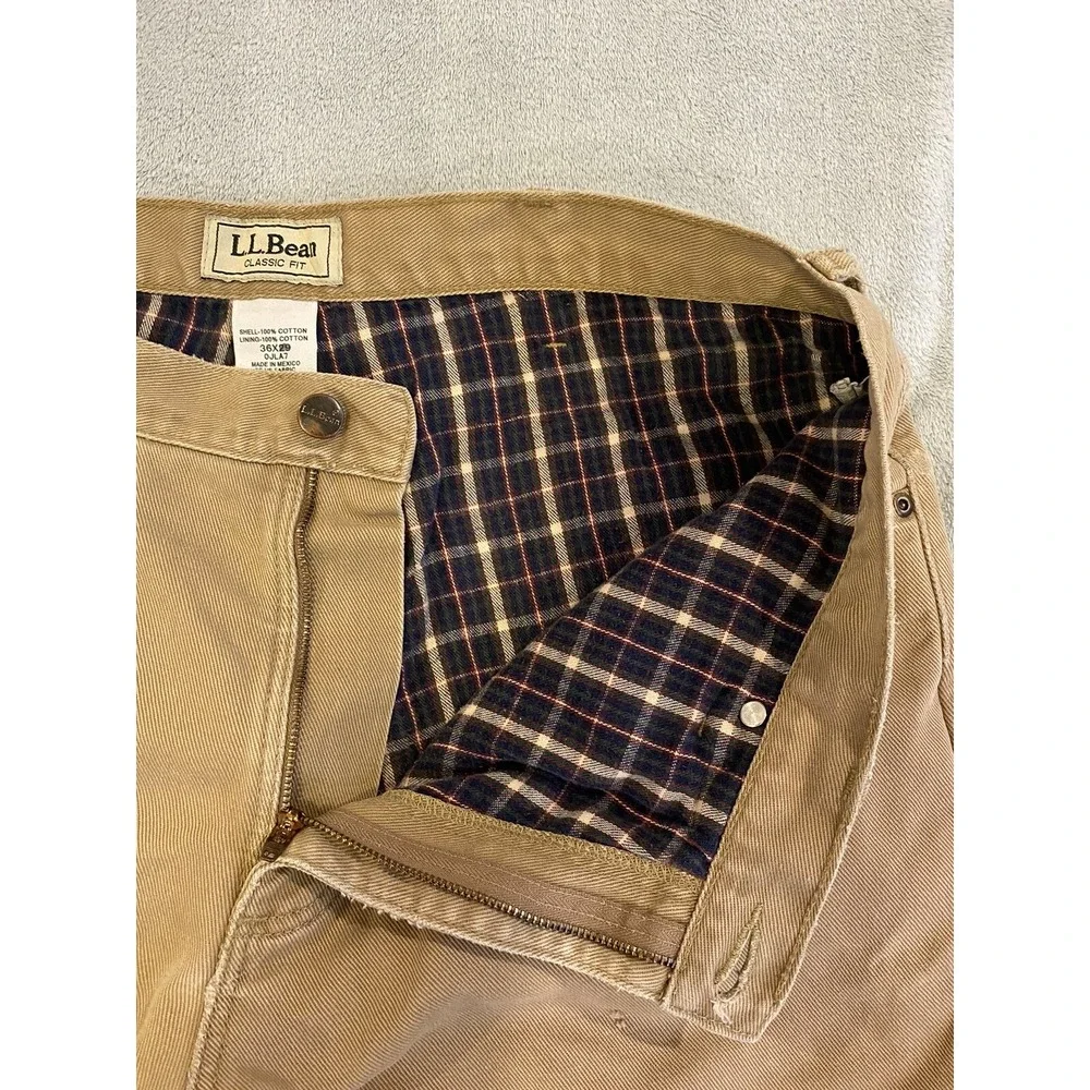 LL Bean Pants Mens 36 Beige Tan Cotton Flannel Lined Khakis Slacks 36x29